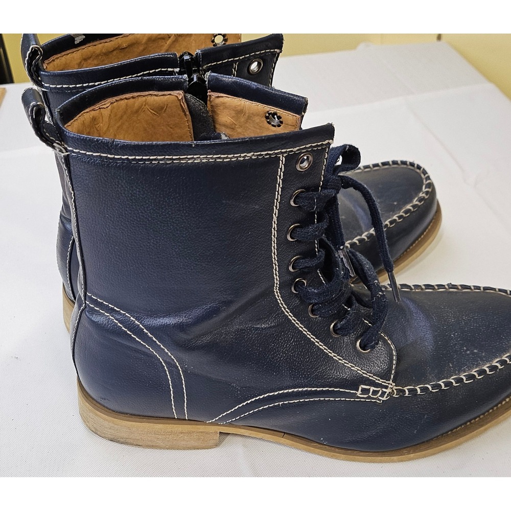 Faranzi Mens Navy Blue Leather Moc Toe Lace Up Side Zip Ankle Boots FB4520-40 11 - Picture 14 of 14